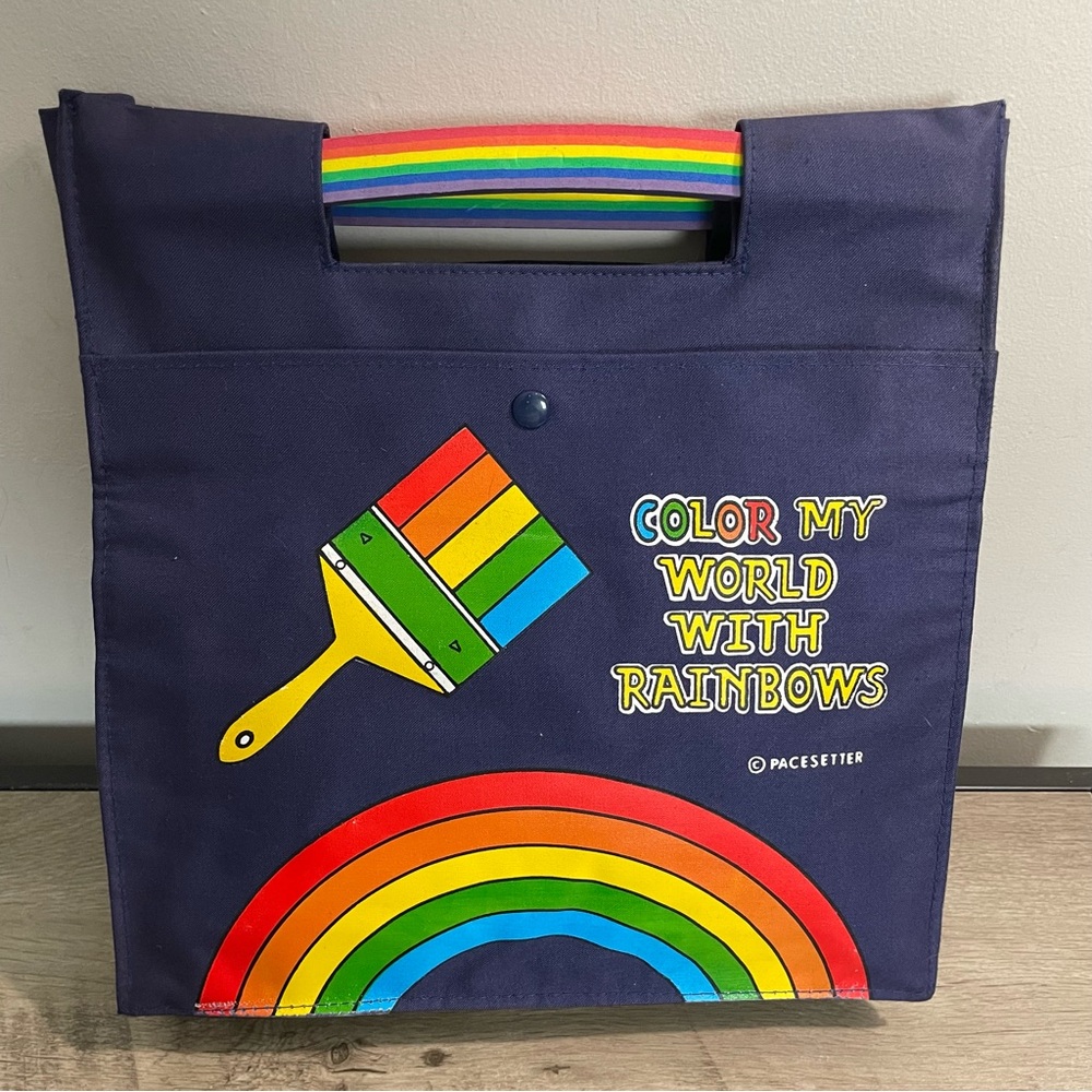CUTE! Vintage 80's NAVY BLUE Canvas RAINBOW Foam Handle TOTE Bag PURSE